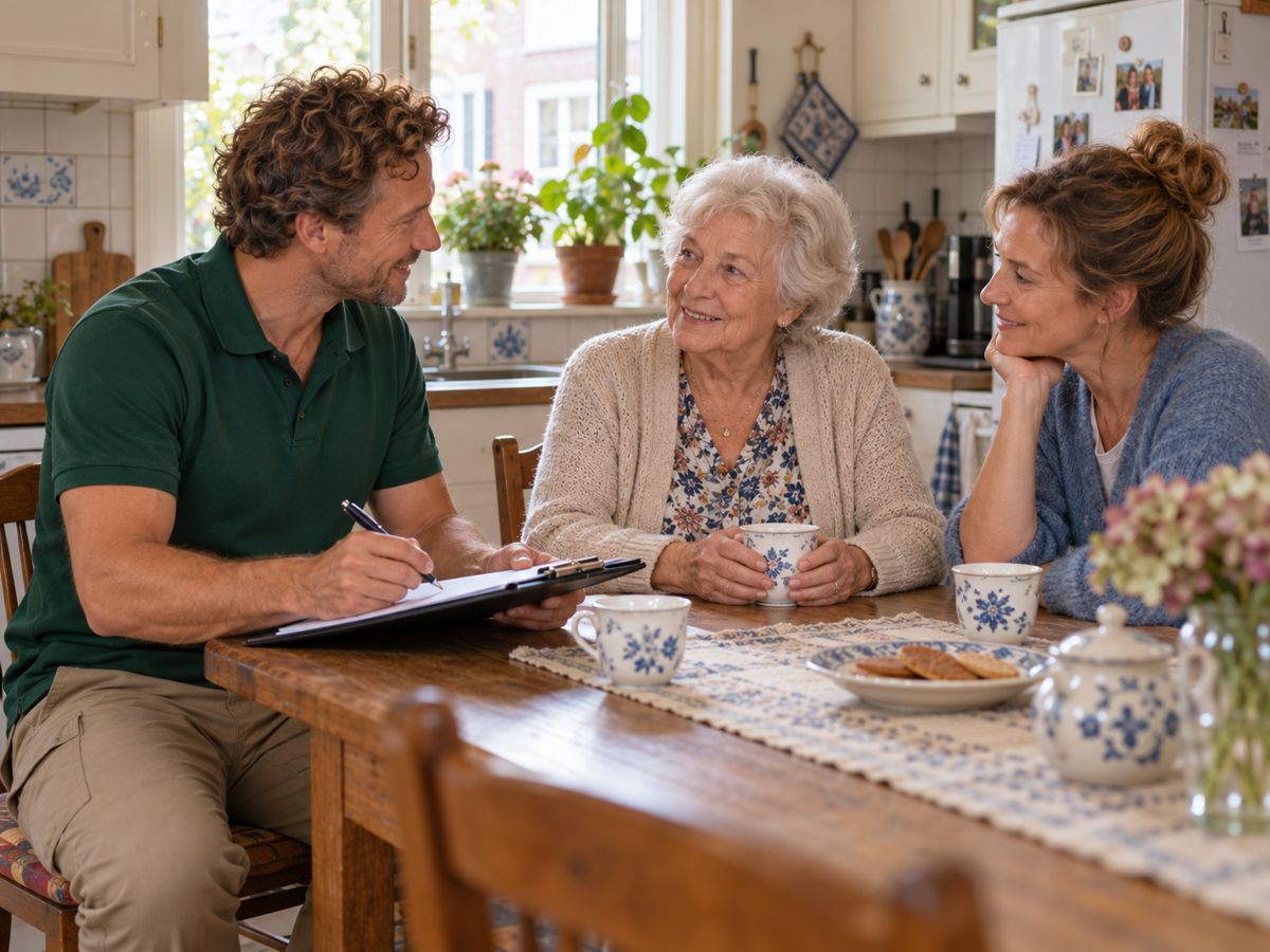 Medewerker bespreekt de ontruiming met een bewoner aan de keukentafel